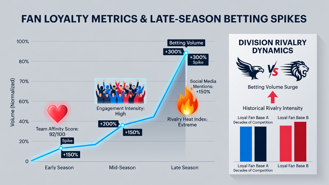 Infographic displaying social media engagement trends and corresponding late-season betting volume data for MLB and NFL division rivals in 2026