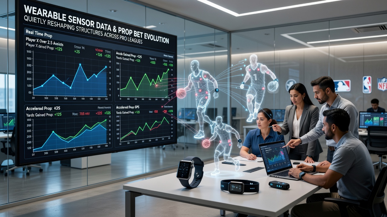 Sportsbook analysts reviewing aggregated wearable sensor outputs to refine prop bet odds and risk models