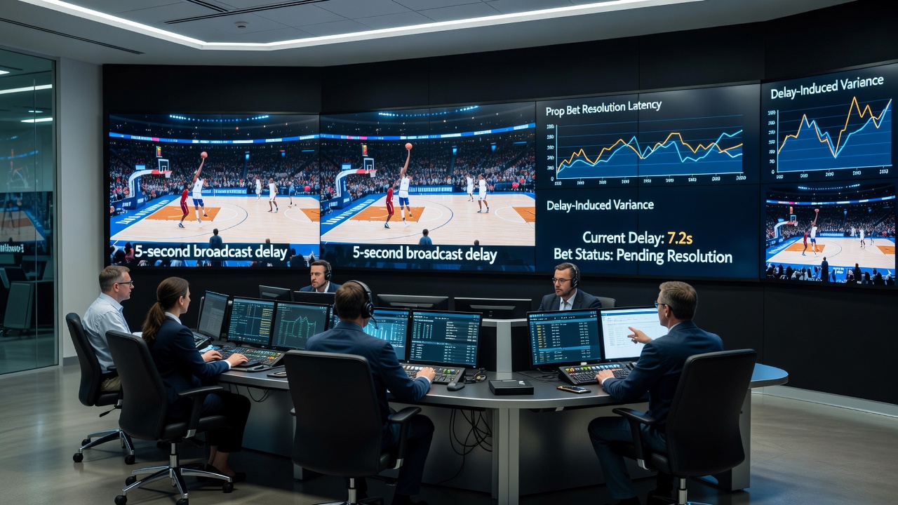 Split-screen view showing arena live action versus delayed broadcast feed with overlaid betting timestamps