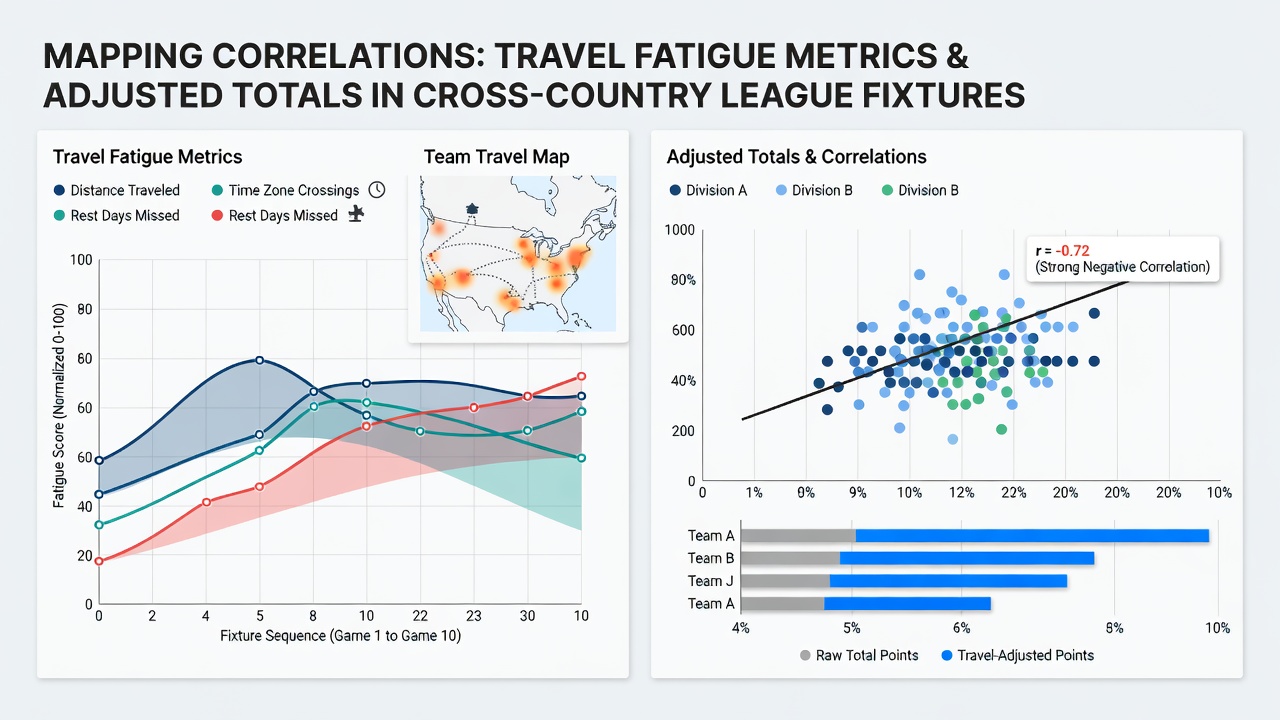 Data visualization charts displaying travel distance versus adjusted performance totals for multiple cross-country teams
