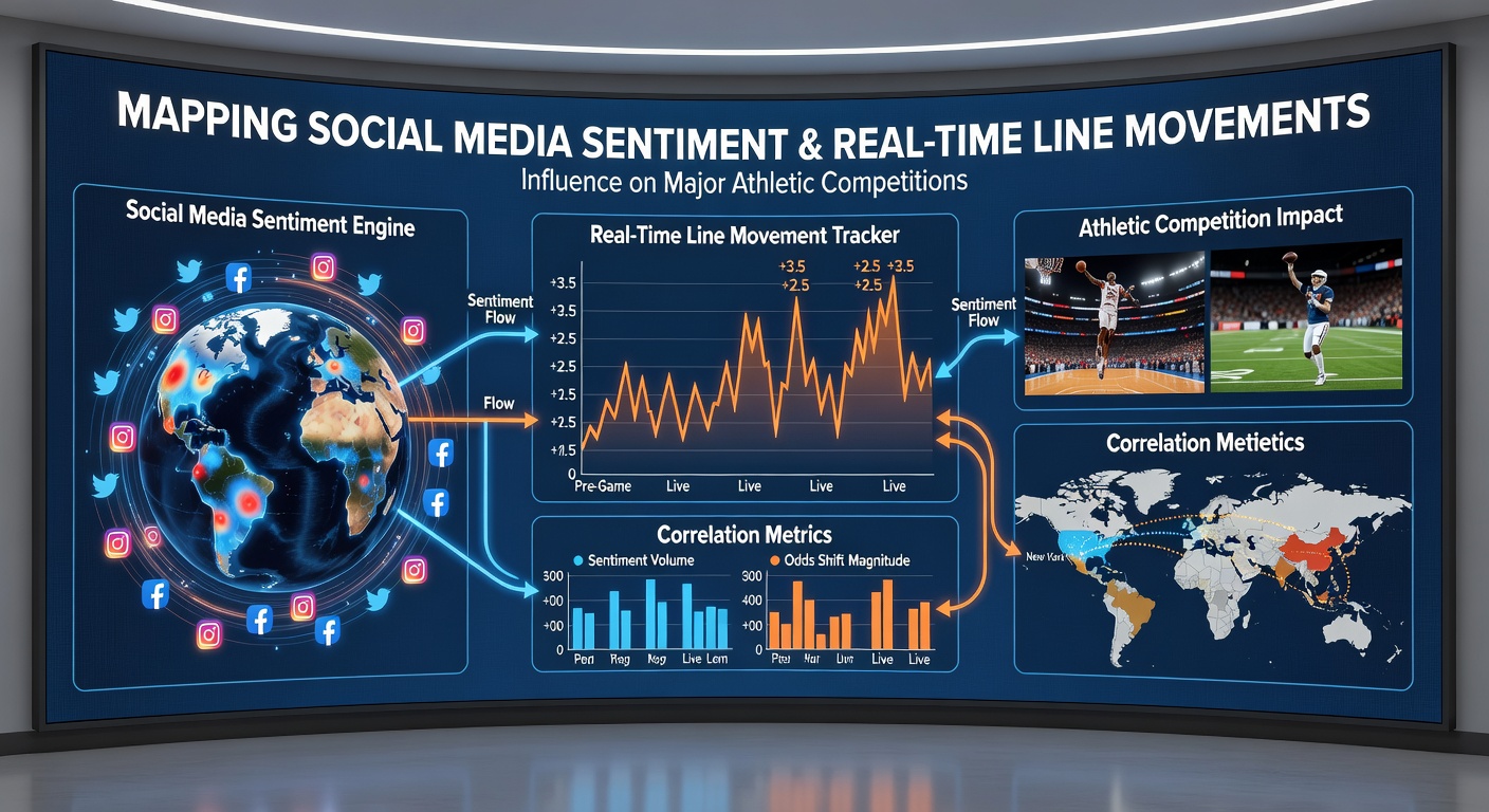 Sports analysts reviewing social media sentiment data alongside live betting line adjustments during a major athletic event