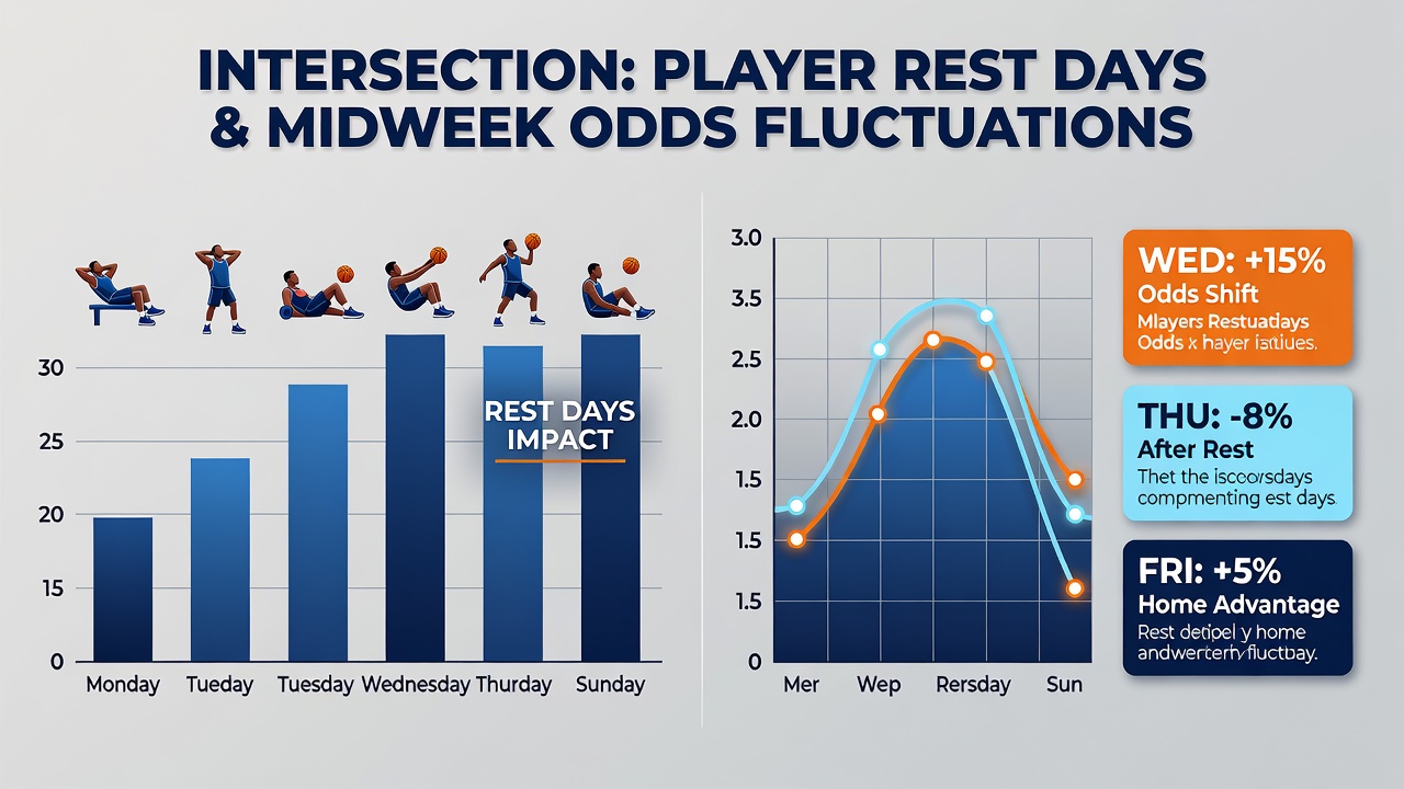 Midweek basketball arena with live odds board showing line adjustments after rest day announcements