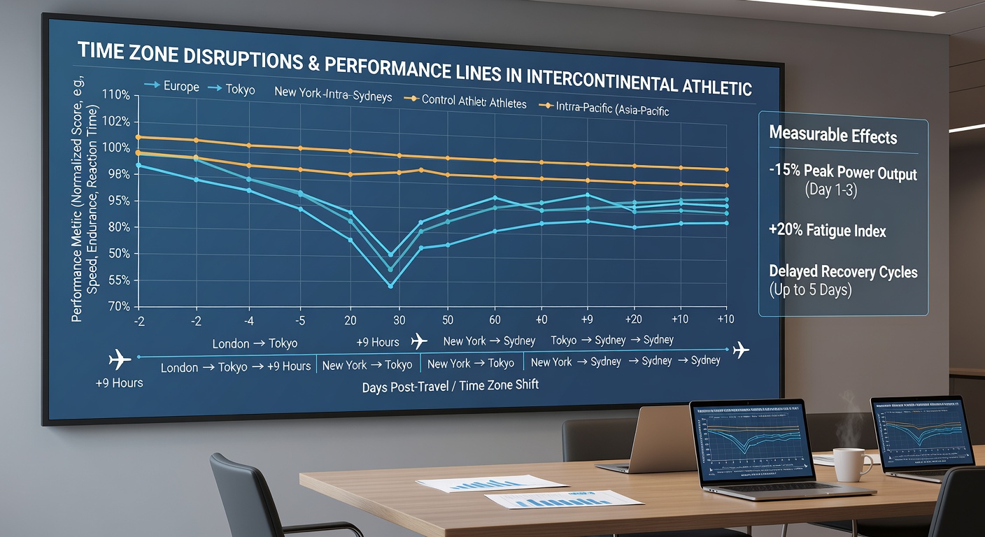 Graph displaying performance metric changes across time zones in athletic events