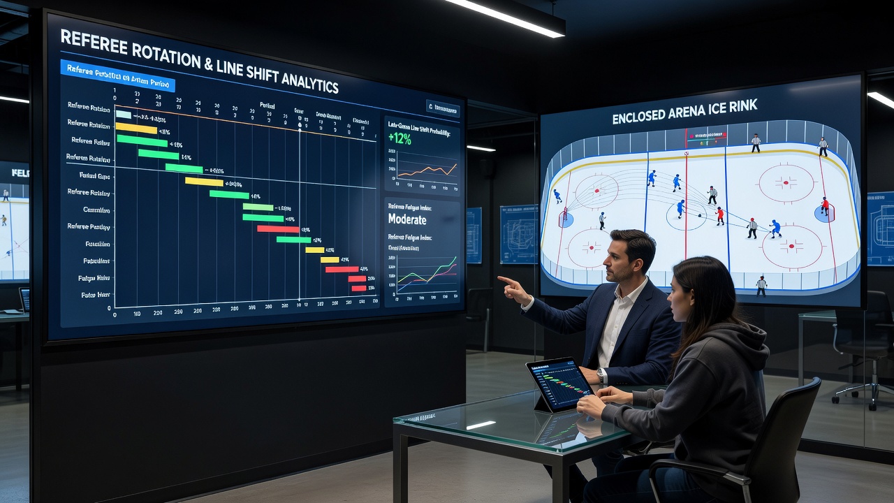 Digital analytics screen showing referee crew changes and corresponding late-game line adjustments during an arena event