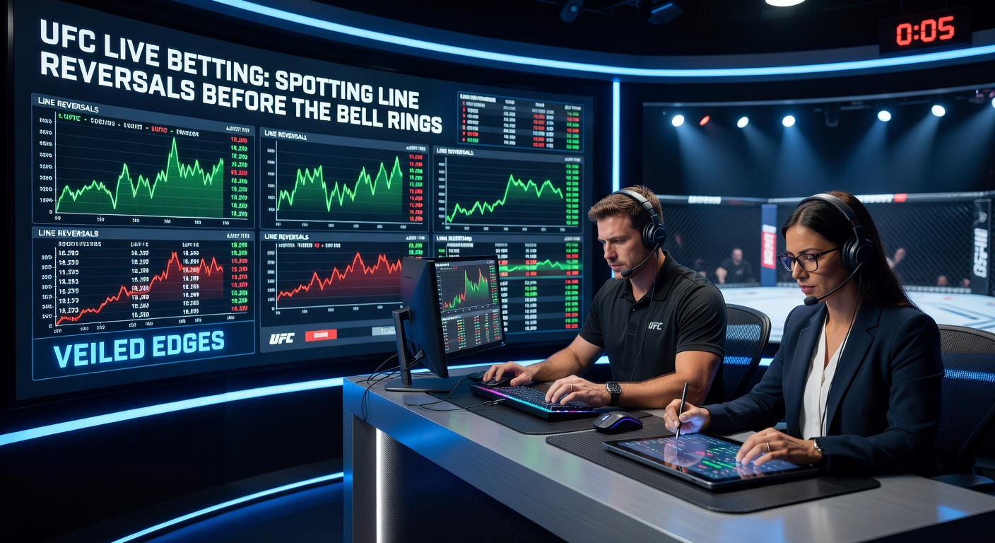 UFC fighters in the octagon with overlaid betting odds lines shifting dynamically during a live event