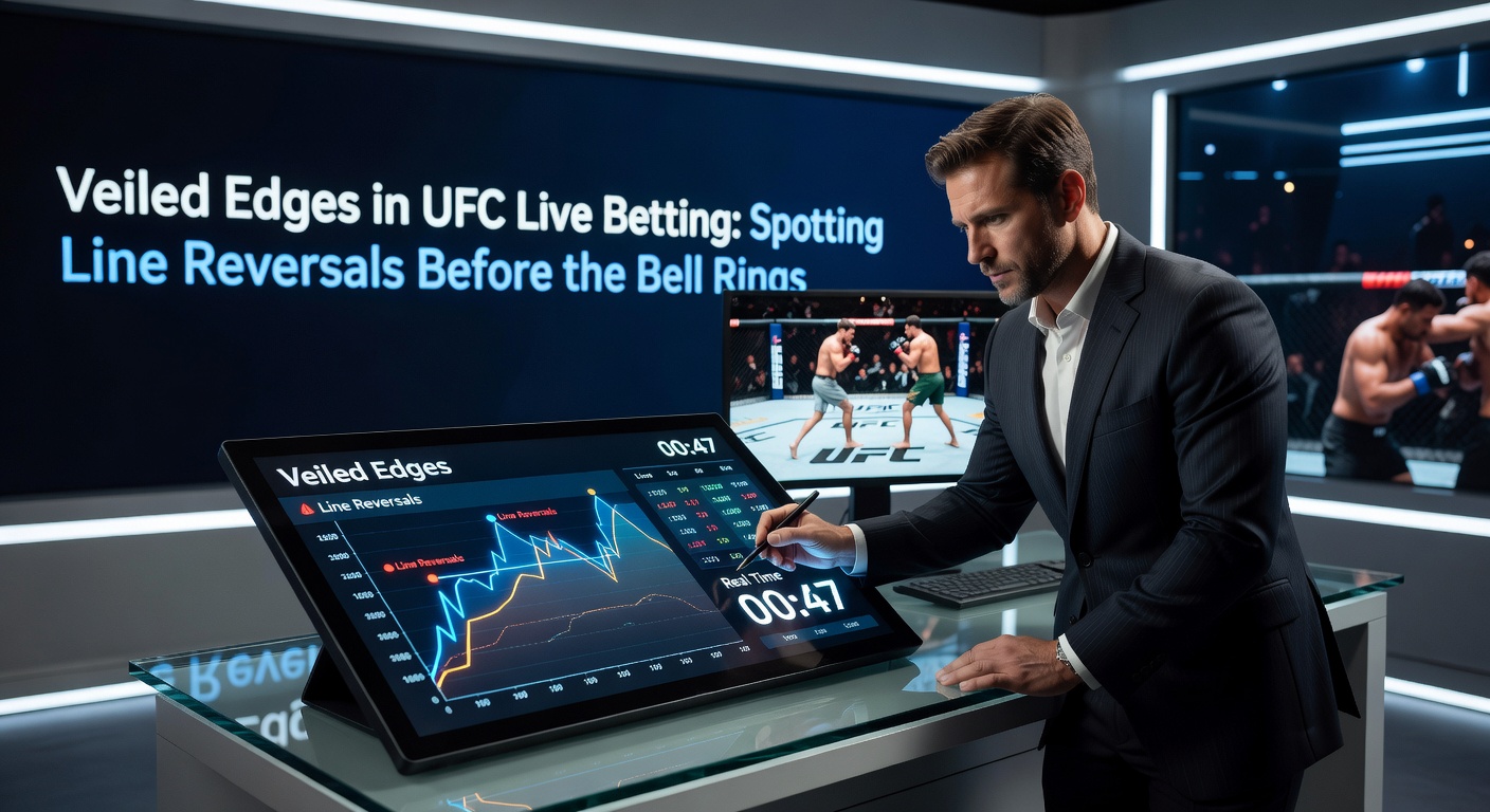 Close-up of a UFC betting interface showing rapid line changes on a live fight card with graphs of momentum shifts