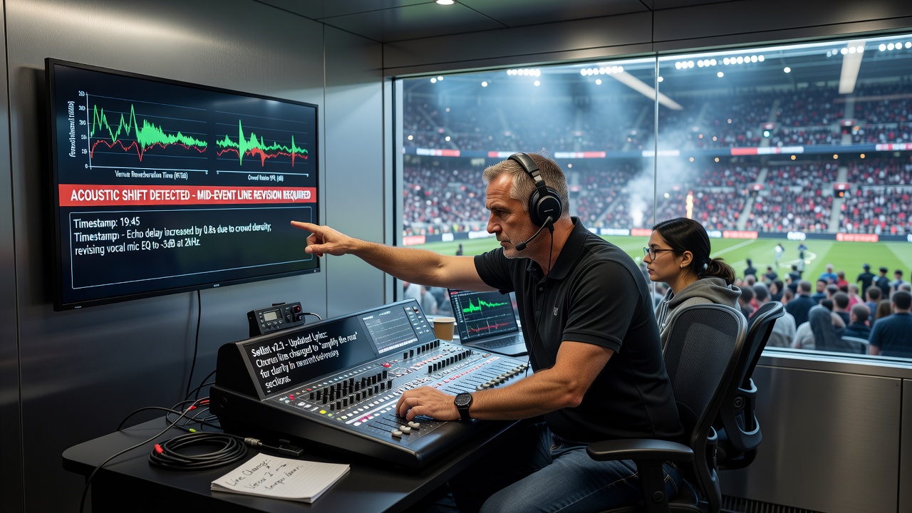 Acoustic sensors and betting interface displaying real-time line movements tied to venue sound levels